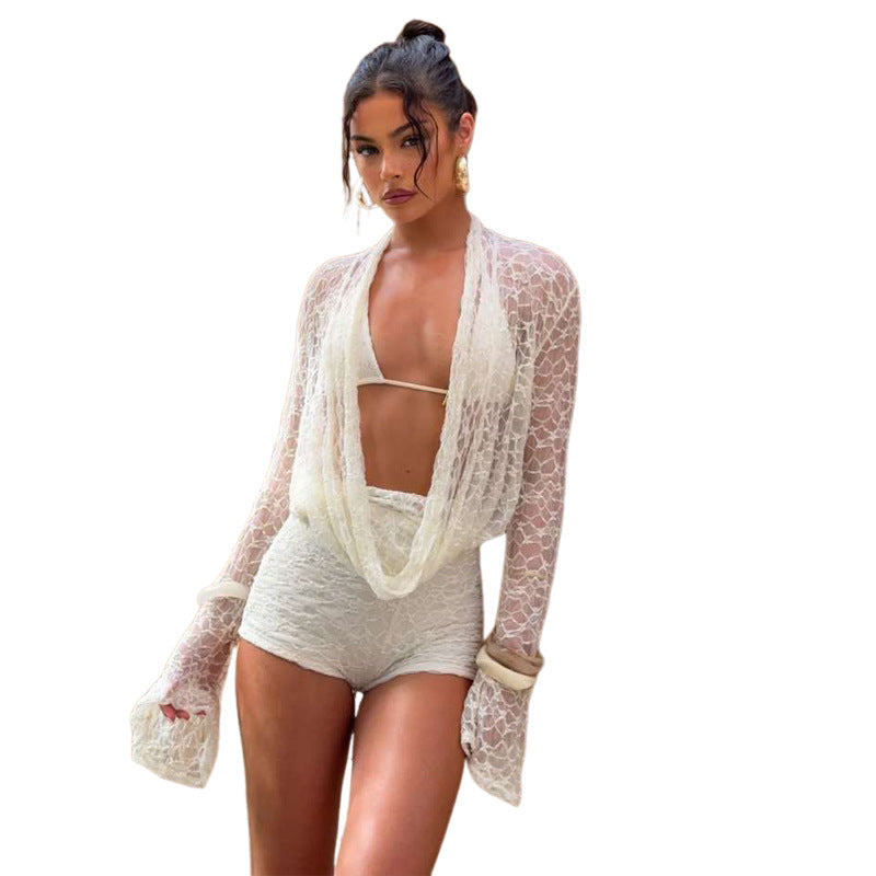 Damen Elegante und luftige Strandbekleidung mit transparenter Spitze EB