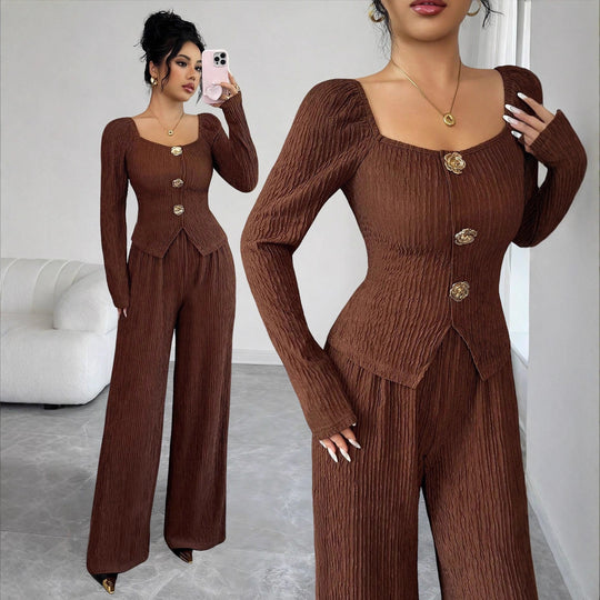 Damen nan tailliertes Blusen- und Hosen-Set aus Crinkle-Plissee mit Puffärmeln und Zierknöpfen EB