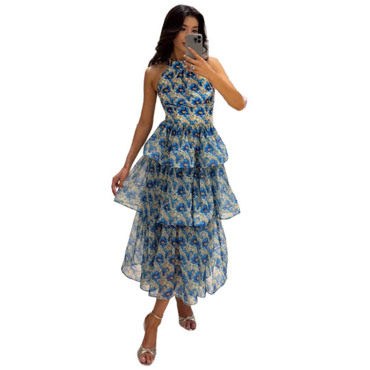 Damen Maxikleid mit transparenten Schichten und floralem Design EB