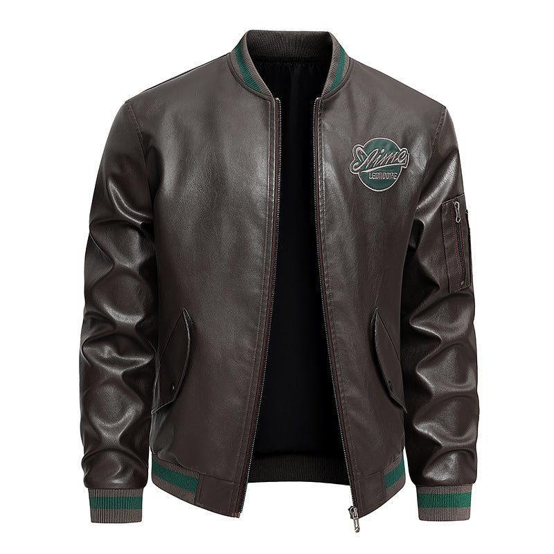 Men's  retro varsity leather-effect bomber jacket with embroidered chest badge and zip sleeve pocket EB