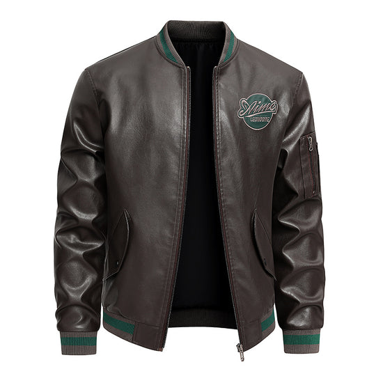 Men's  retro varsity leather-effect bomber jacket with embroidered chest badge and zip sleeve pocket EB