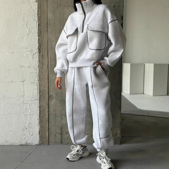Damen nan Oversize Halbzip-Sweatshirt mit aufgesetzten Klappentaschen und Kontrastpaspeln EB