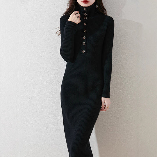Damen Strickkleid mit Stehkragen und dekorativen Knöpfen EB