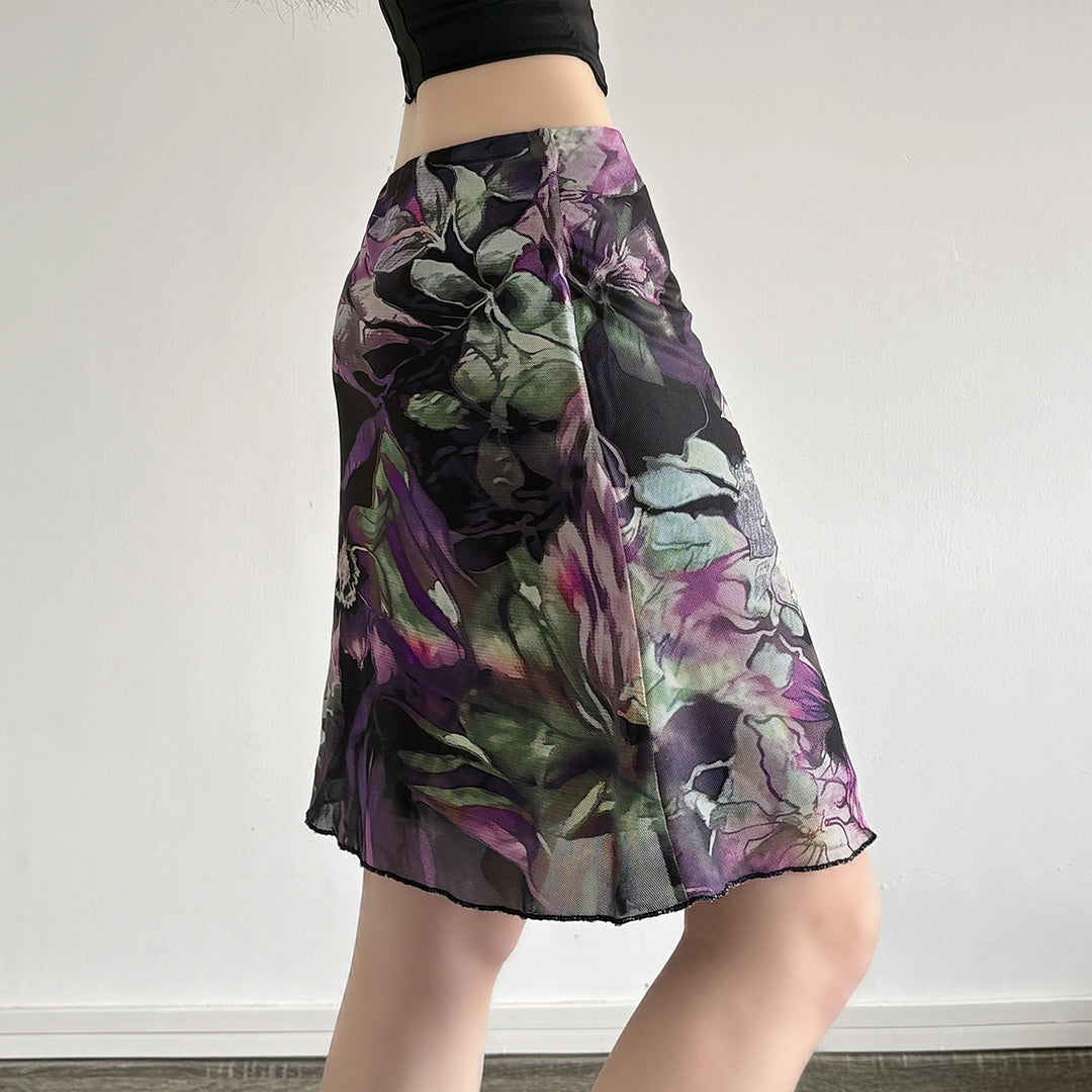 Damen Blumenmuster Midirock mit elastischem Bund und schwingendem Saum EB