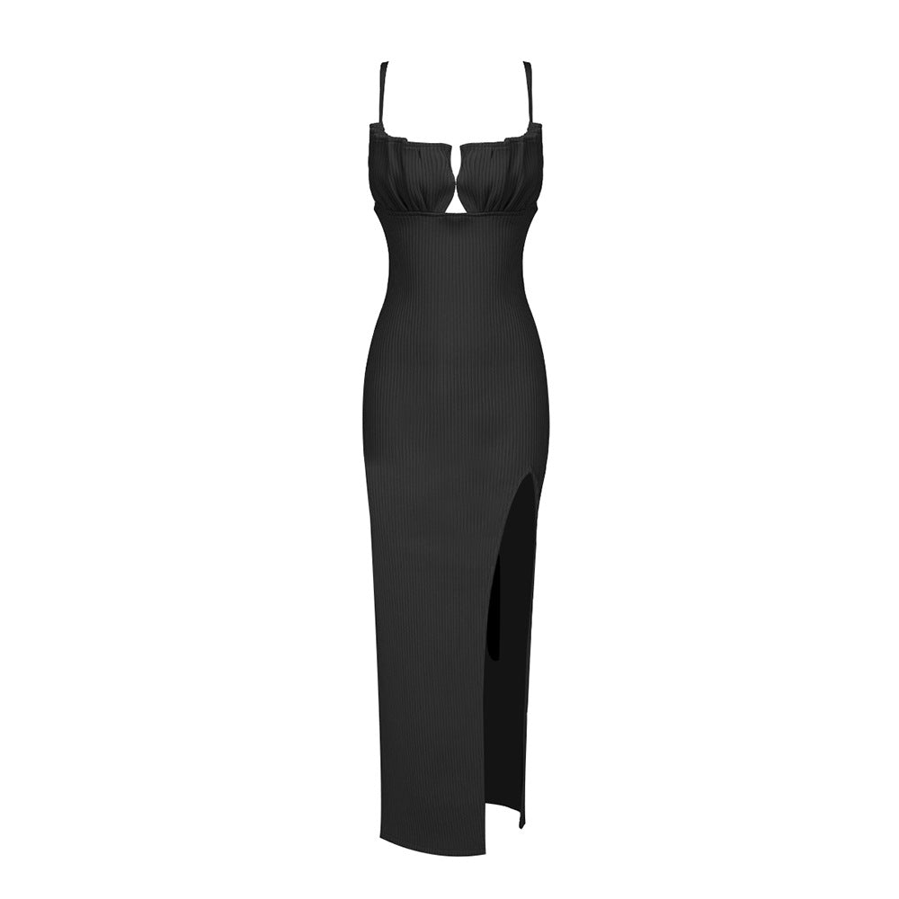 Damen figurbetontes Maxi-Kleid mit raffiniertem Schlitz und gepolsterten Trägern EB