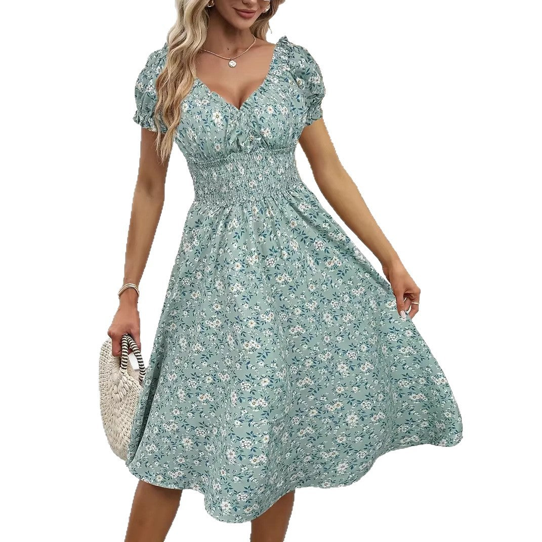 Damen Sommerliches Maxikleid mit voluminösen Puffärmeln und elastischem Taillenbund EB