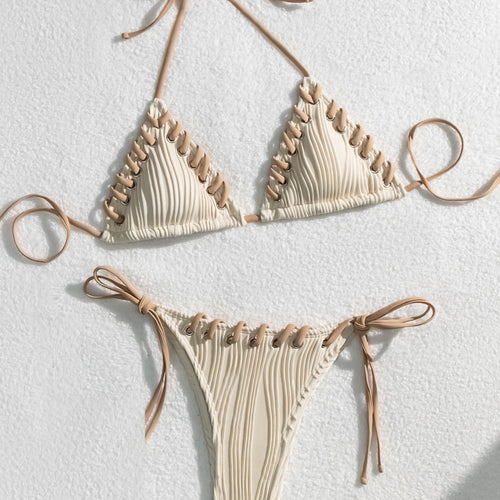 Damen Triangel-Bikini mit kontrastierenden Schnürdetails EB
