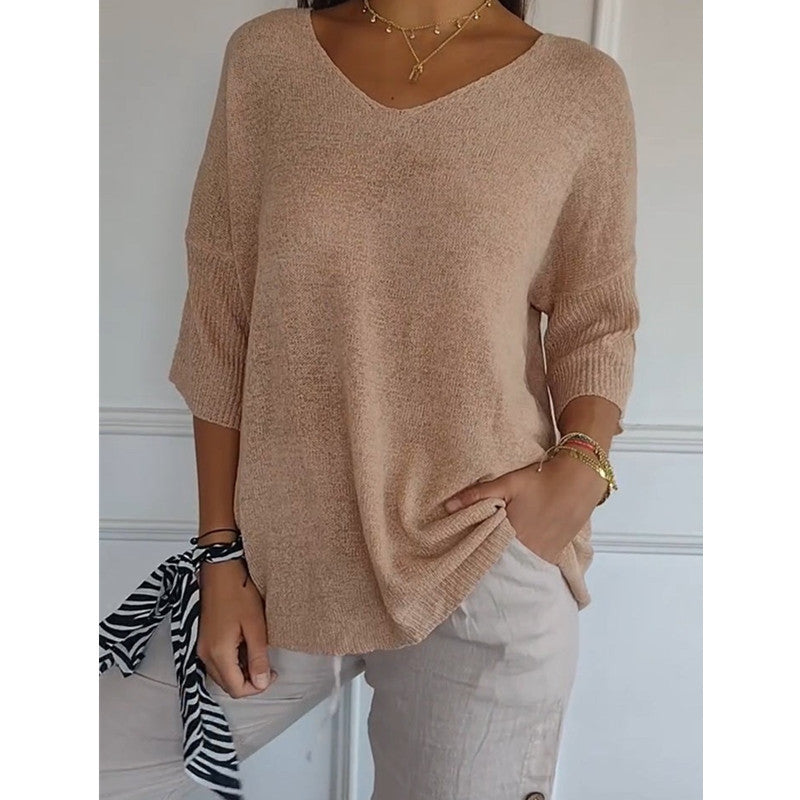 Damen nan locker sitzender V-Ausschnitt Feinstrickpullover mit dreiviertelÄrmeln EB