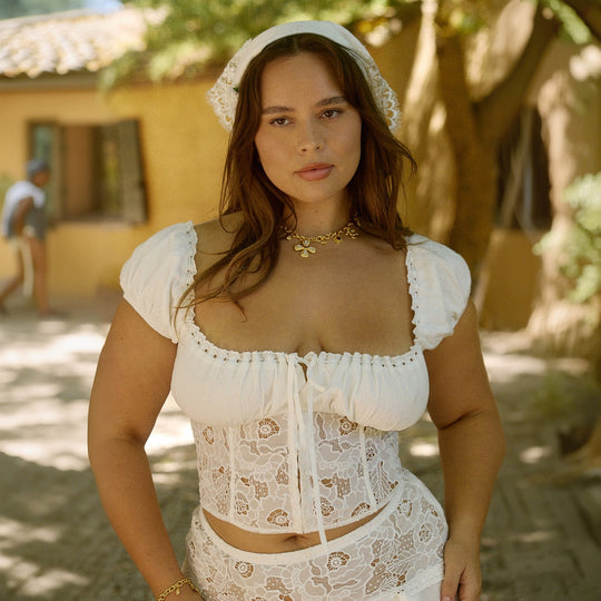 Damen Spitzen Crop-Top mit Puffärmeln EB