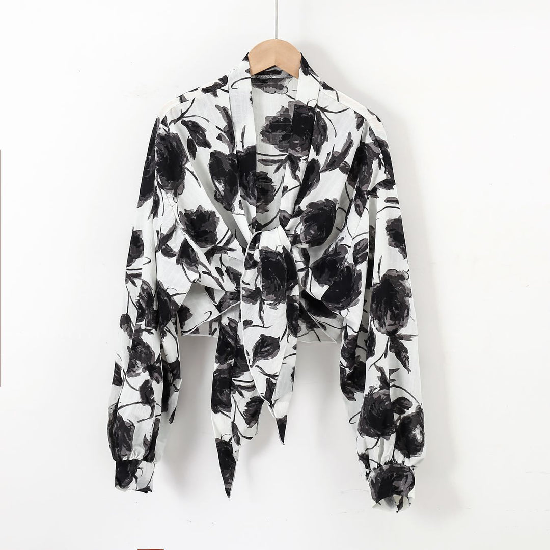 Damen nan florale Knoten-Bluse im Wickelstil mit Ballonärmeln und leichter Leinenoptik EB