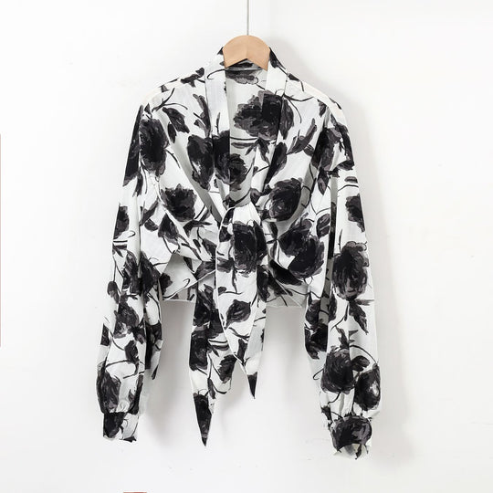 Damen nan florale Knoten-Bluse im Wickelstil mit Ballonärmeln und leichter Leinenoptik EB