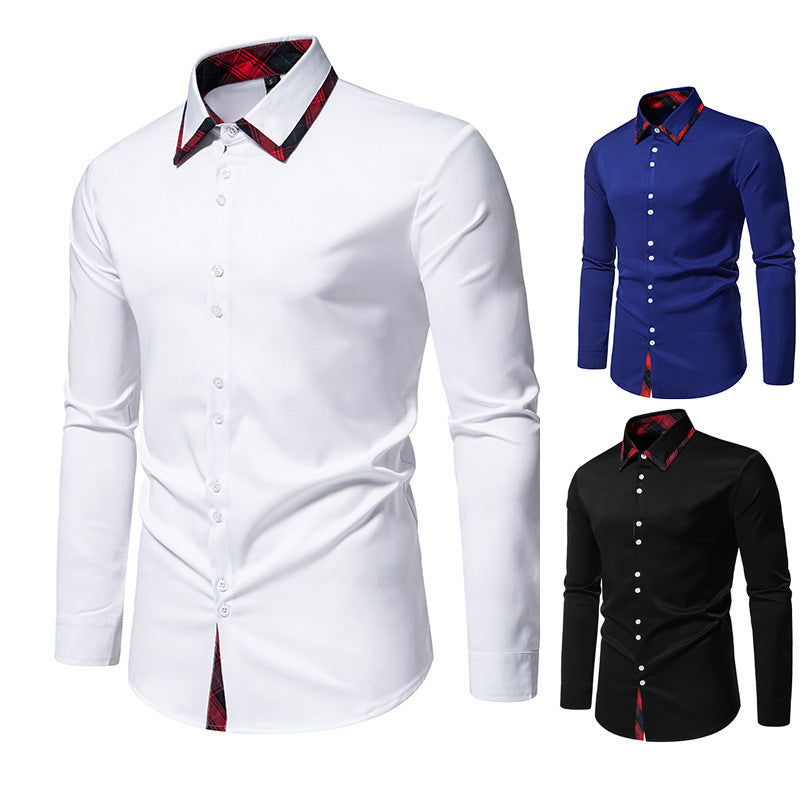 Herren elegantes Langarmhemd mit kreativem Kragen und kontrastierenden Details EB