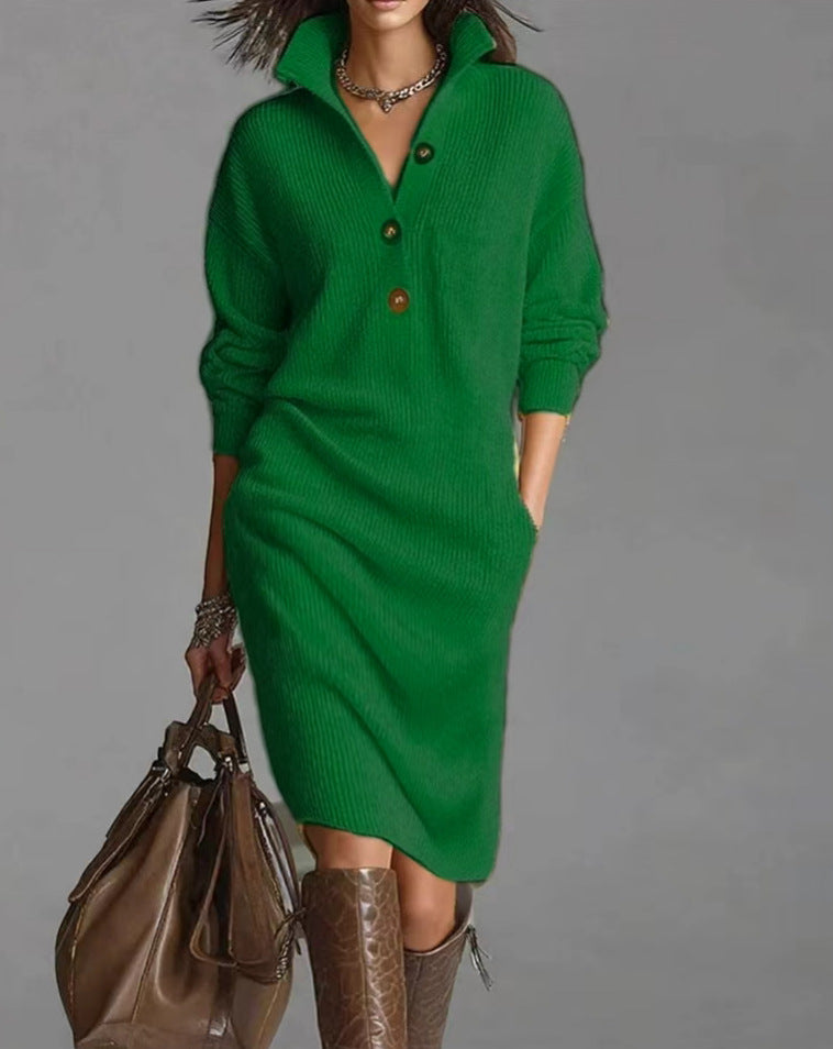 Damen nan gestricktes Pulloverkleid mit Polokragen, Eingrifftaschen und lässiger Passform EB