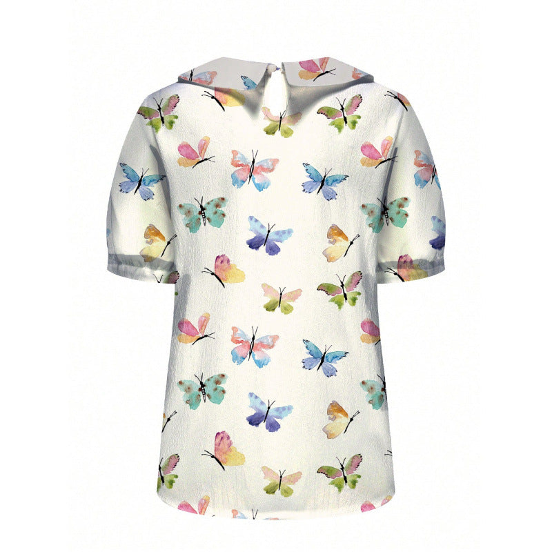 Damen Kurzarmbluse mit floralen Akzenten und klassischem Kragen EB