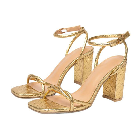 Damen Glamouröse Riemchen-Sandalen mit geflochtenem Detail und Blockabsatz EB