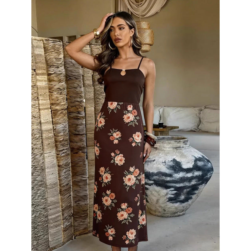 Damen Maxi-Kleid mit modischem Blumenmuster und schmalen Spaghettiträgern EB