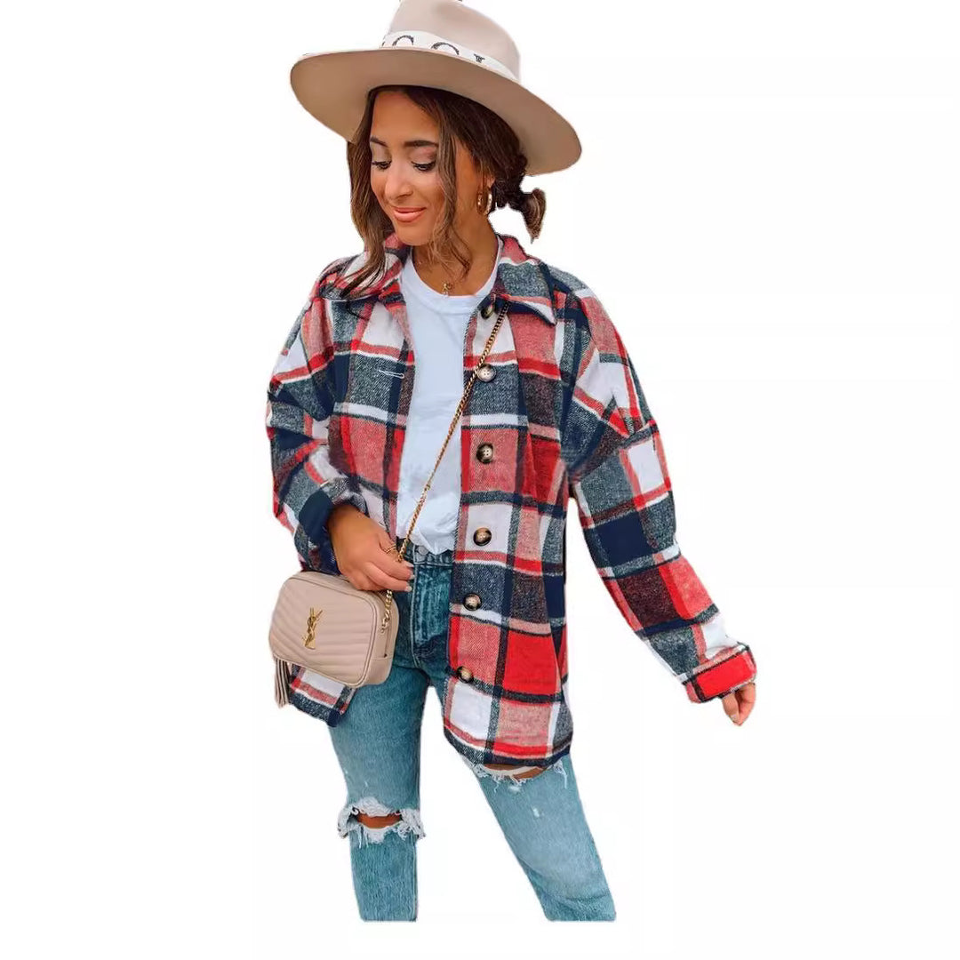 Damen lässige karierte Flanelljacke mit Knopfdetails EB