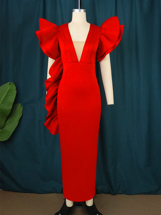 Damen figurumspielendes Abendkleid mit voluminösen Rüschenärmeln EB