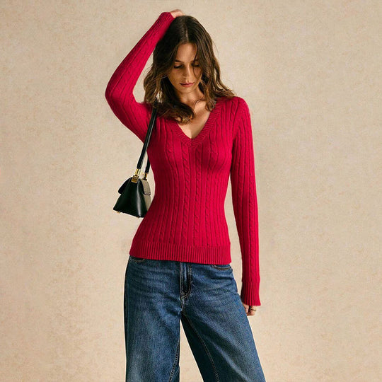 Damen figurbetonter Zopfmuster‑Pullover mit V‑Ausschnitt und taillierender Rippstruktur Eichborn Berlin