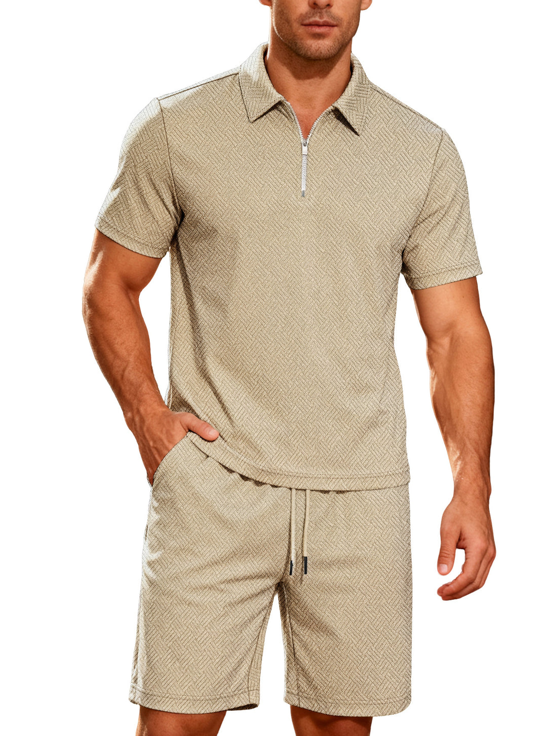 Herren nan komfortables Lounge-Zweiteiler aus strukturierter Baumwollmischung mit Halbzip-Poloshirt und Kordel-Shorts EB