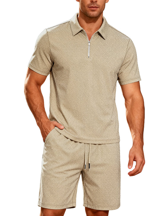 Herren nan komfortables Lounge-Zweiteiler aus strukturierter Baumwollmischung mit Halbzip-Poloshirt und Kordel-Shorts EB