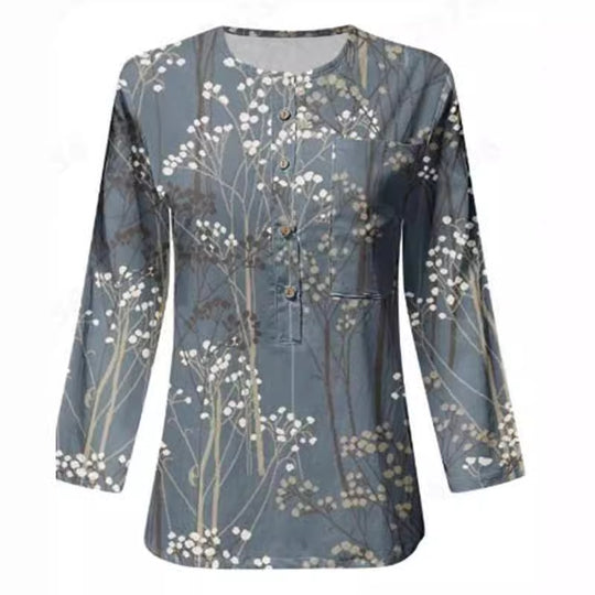 Damen Lange Ärmel Bluse mit Knopfleiste und Blumenmuster EB