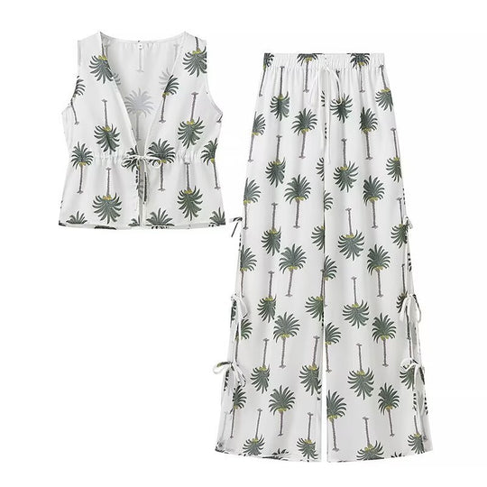 Damen Palazzo-Hose mit floralem Palmbaum-Print und seitlichen Schnürdetails EB