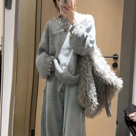Damen Eleganter Pullover mit Perlendesign und lässigem Schnitt EB