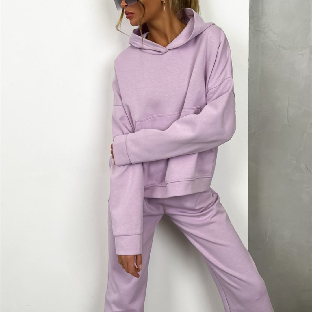 Damen nan Cropped Kapuzenpullover und taillierte Bündchen-Jogginghose Set aus schwerem French Terry EB