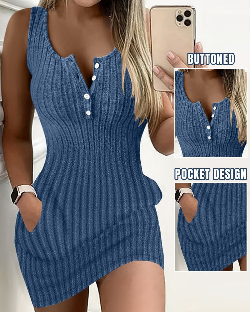 Damen Rippstrick Knopfverschluss Taschenkleid EB
