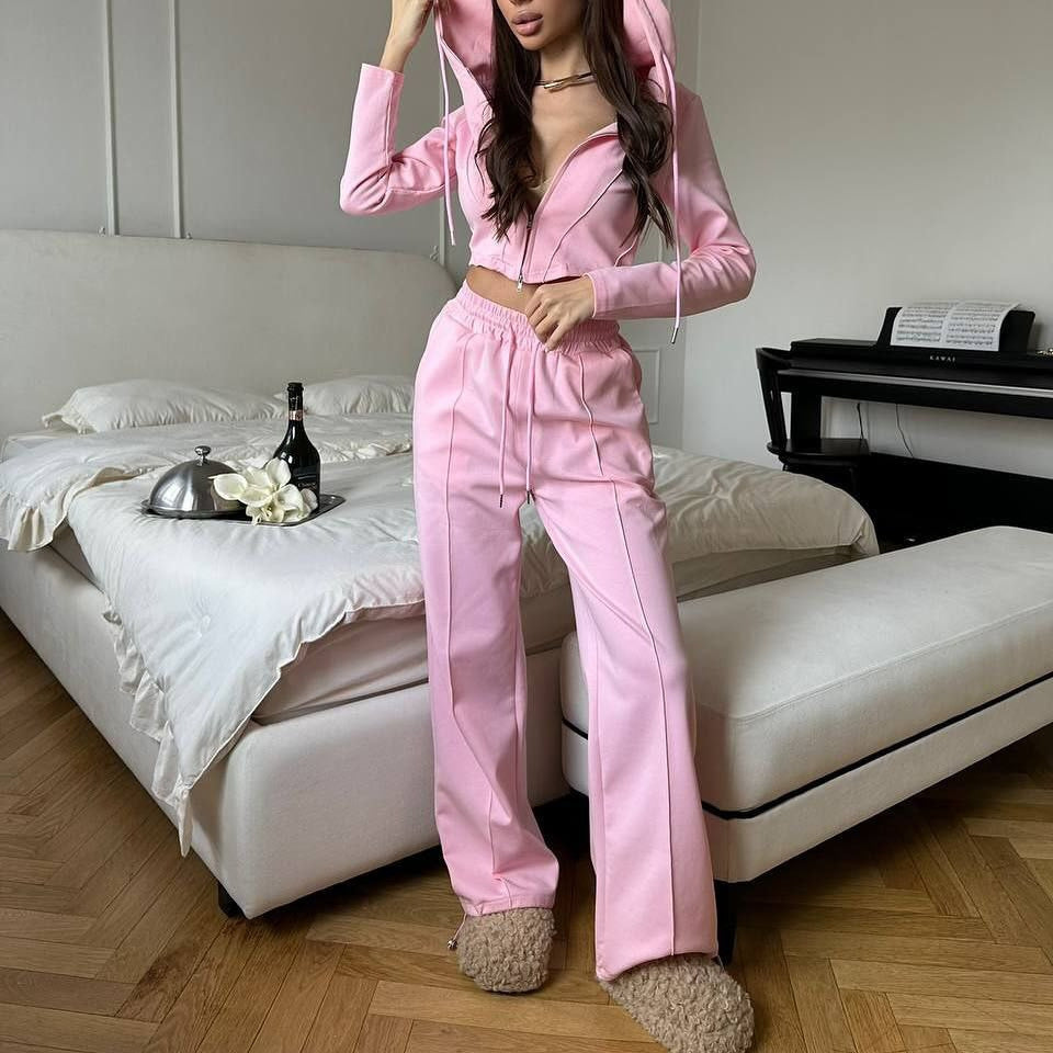 Damen tailliertes Cropped-Kapuzensweatshirt mit verdecktem Reißverschluss und High-Waist Wide-Leg Jogginghose Set EB