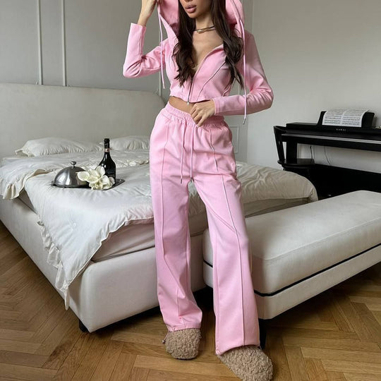 Damen tailliertes Cropped-Kapuzensweatshirt mit verdecktem Reißverschluss und High-Waist Wide-Leg Jogginghose Set EB