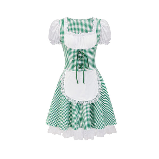 Damen nan Trachtenkleid im Vichy-Stil mit Puffärmeln, Schnürkorsett und Spitzenschürze EB