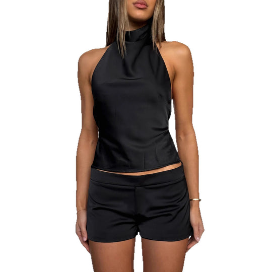 Damen Eleganter Kurzarm-Haltertop mit hochgeschlossenem Kragen und passendem Shorts EB