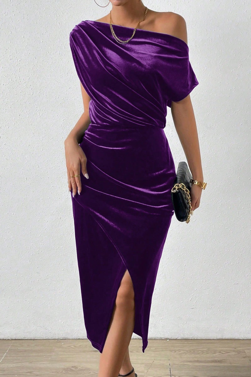 Damen Elegantes Schulterfreies Midikleid im Fließenden Design EB