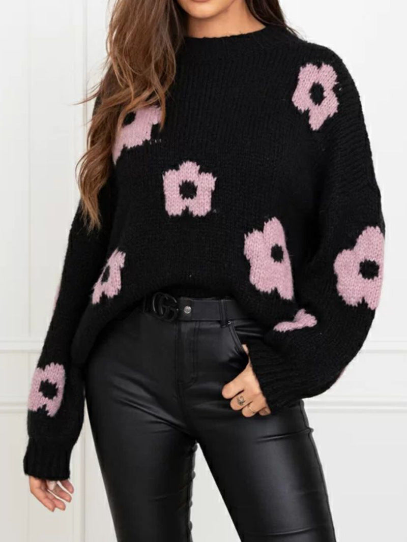 Damen gemütlicher Strickpullover mit floralem Muster EB