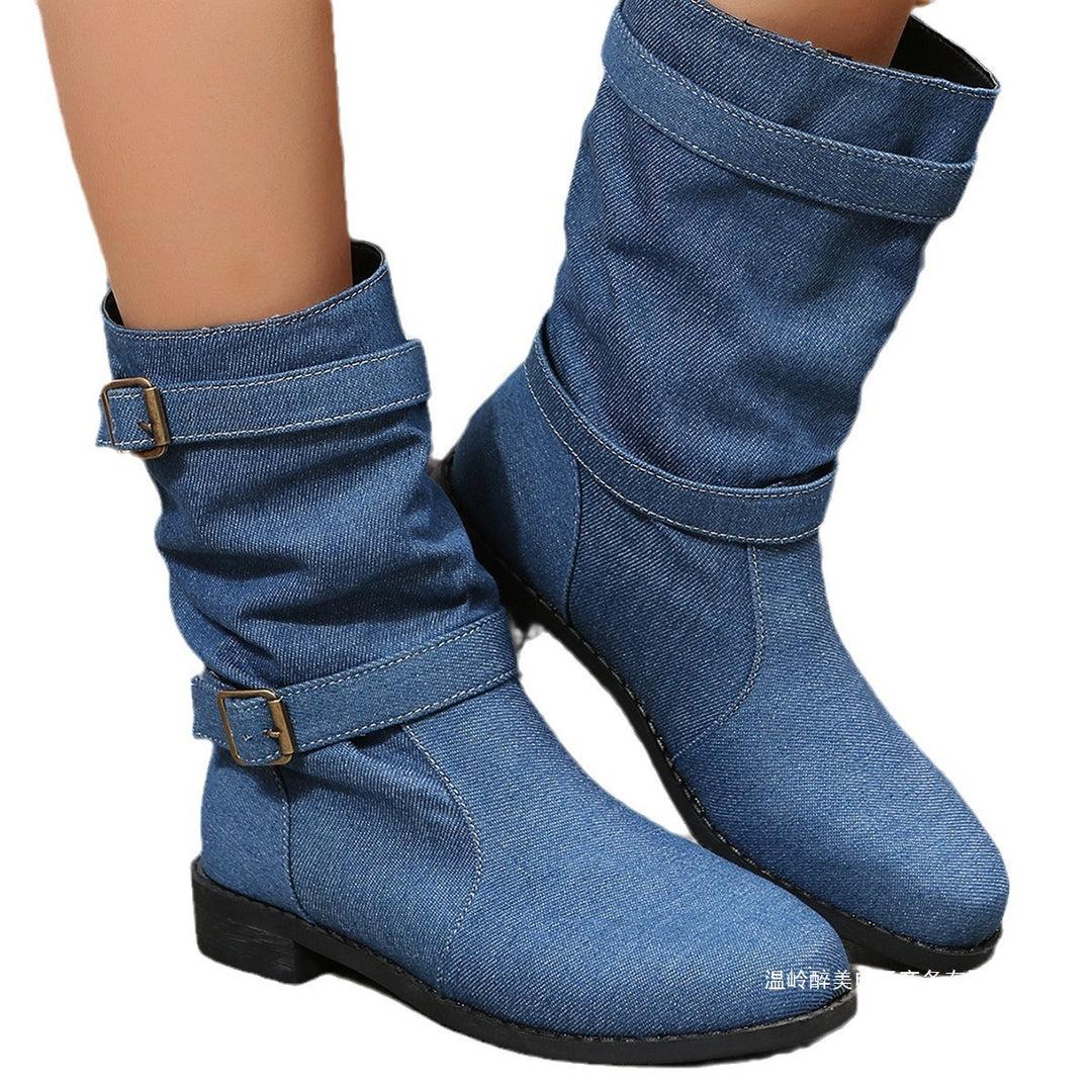 Damen nan lässige Slouch-Ankleboots mit zwei Zier-Riemen und dekorativen Metallschnallen EB