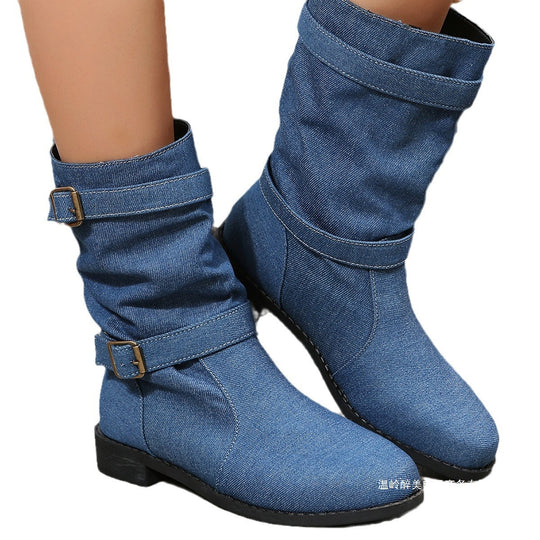 Damen nan lässige Slouch-Ankleboots mit zwei Zier-Riemen und dekorativen Metallschnallen EB