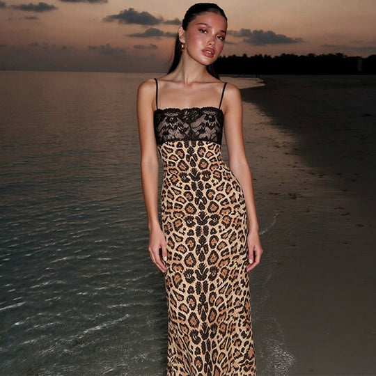 Damen Elegantes und verführerisches Leopardenspitzenkleid EB