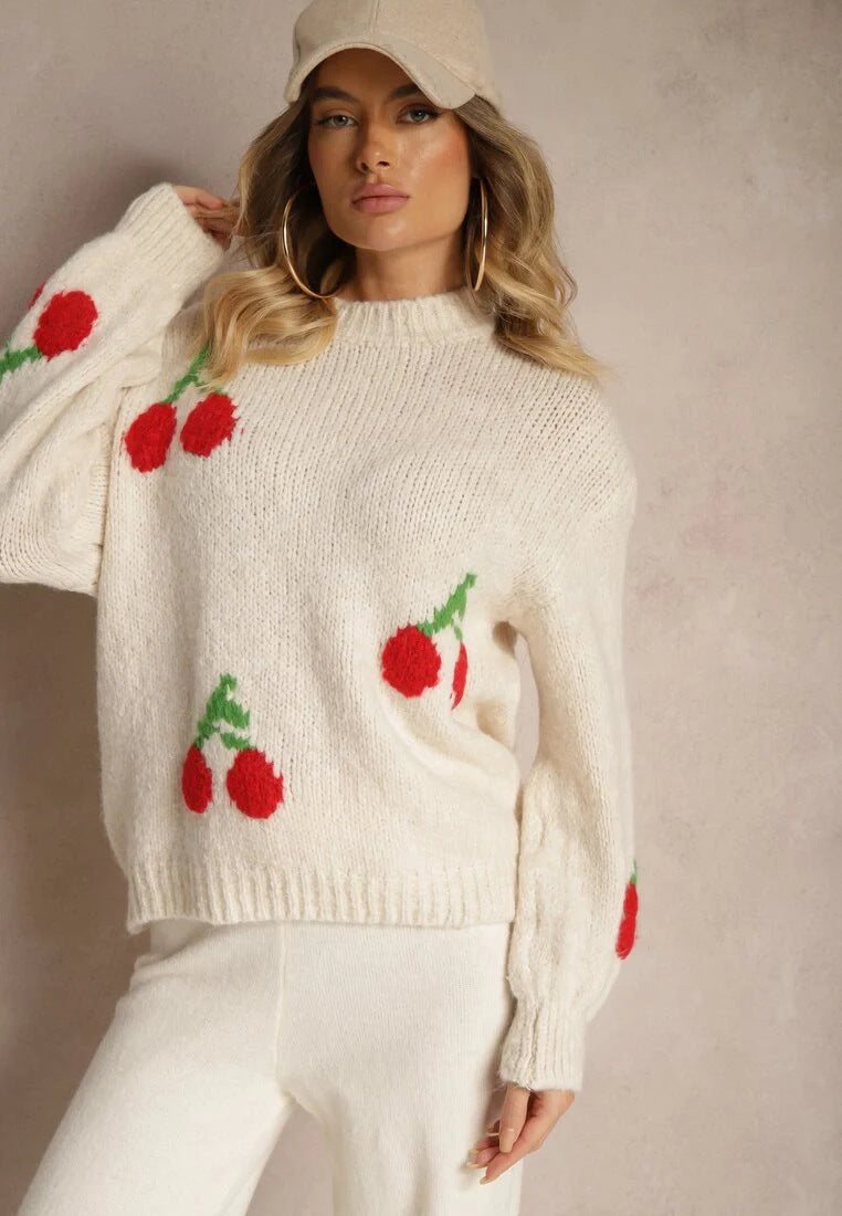Damen Strickpullover mit fruchtigem Kirschmotiv und lässigem Schnitt EB