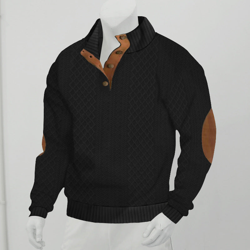 Herren Strukturiertes Zopfmuster-Henley-Pullover mit Lederbesatz an Ellbogen & Knopfleiste EB