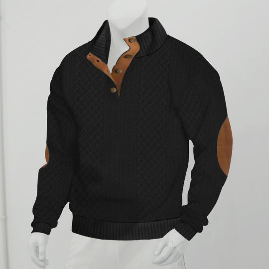 Herren Strukturiertes Zopfmuster-Henley-Pullover mit Lederbesatz an Ellbogen & Knopfleiste EB