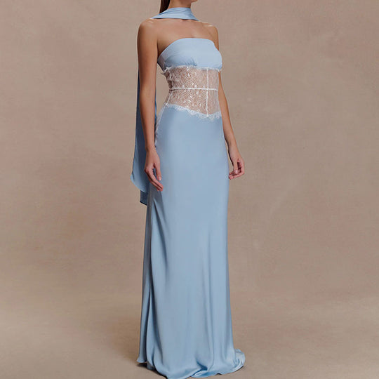 Damen Hochwertiges Abendkleid mit floralem Spitzenoberteil EB