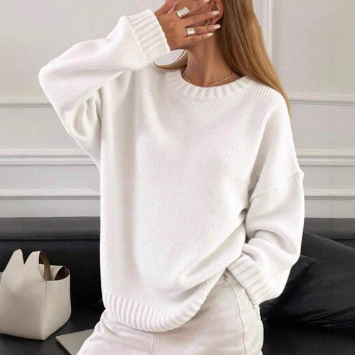 Damen lässiger und oversized Strickpullover mit Rundhalsausschnitt EB
