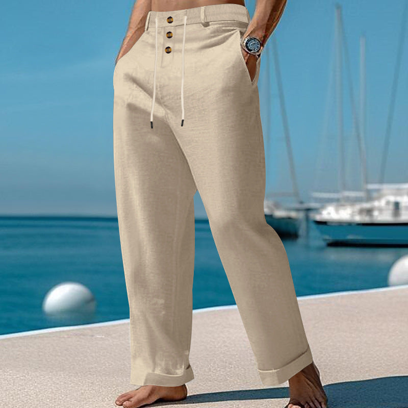 Herren lässige Leinenhose mit verstellbarem Kordelzug und praktischen Seitentaschen EB