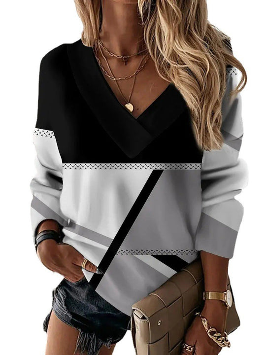 Damen Colorblock V-Ausschnitt Sweatshirt mit grafischem Print EB