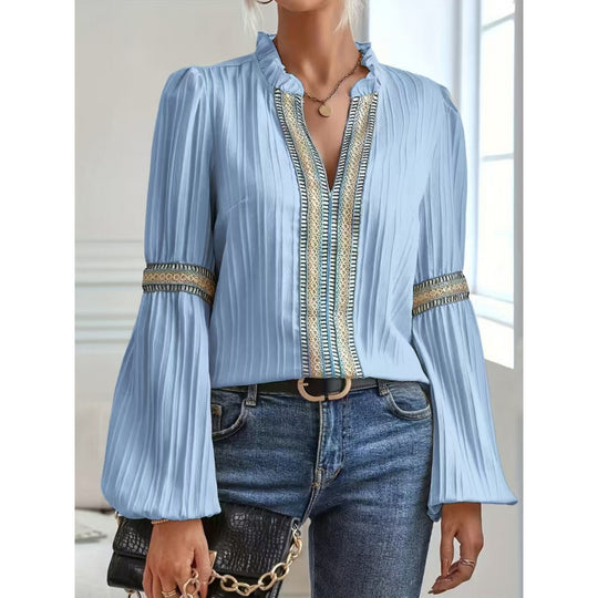 Damen elegante plissierte Bluse mit verzierten Besätzen EB