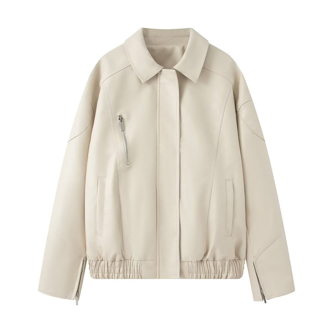 Damen elegante Kunstlederjacke mit praktischen Reißverschluss-Taschen EB