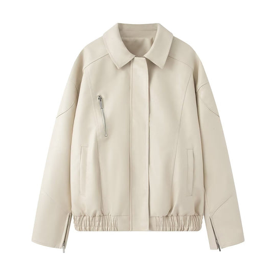 Damen elegante Kunstlederjacke mit praktischen Reißverschluss-Taschen EB
