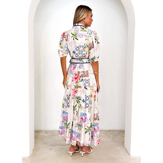 Damen Maxikleid mit buntem floralem Druck und einem eleganten Gürtel EB